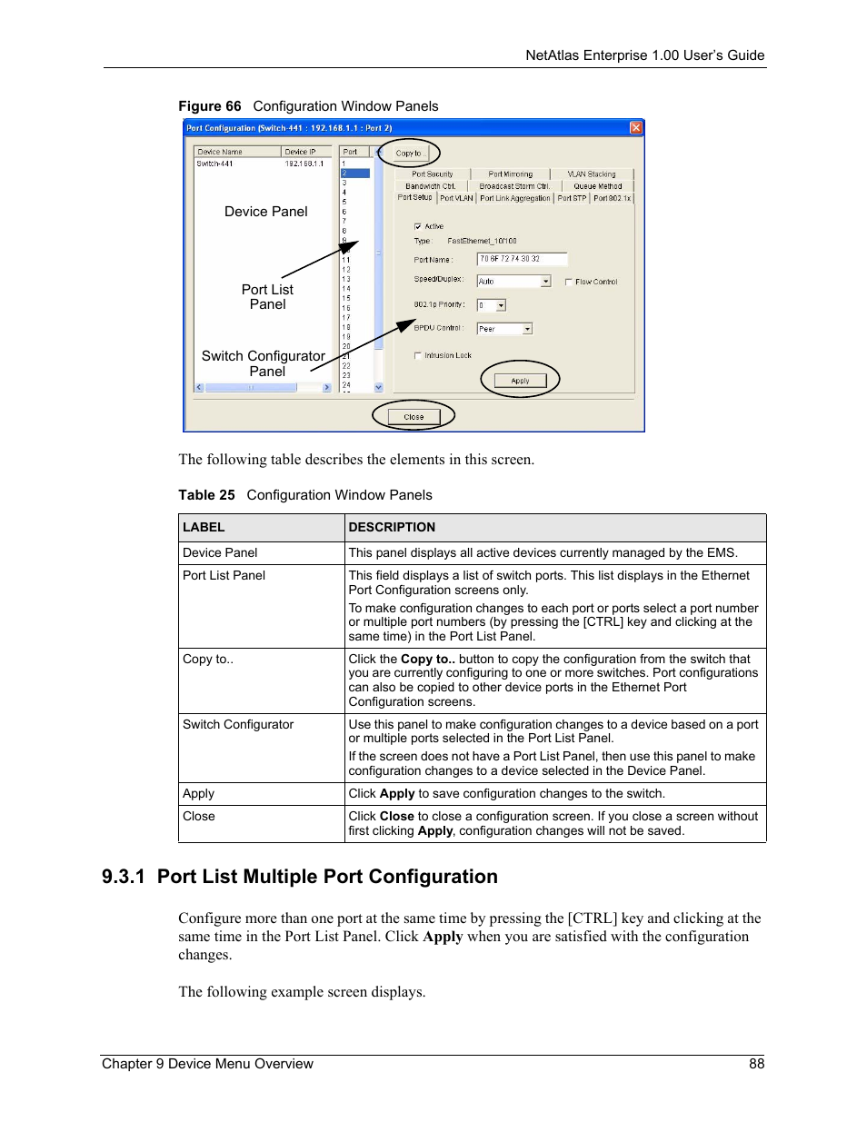 1 port list multiple port configuration, Figure 66 configuration window panels, Table 25 configuration window panels | ZyXEL Communications 1 User Manual | Page 89 / 174