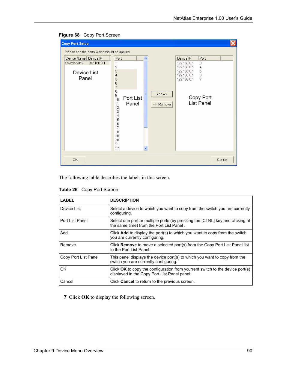 Figure 68 copy port screen, Table 26 copy port screen | ZyXEL Communications 1 User Manual | Page 91 / 174
