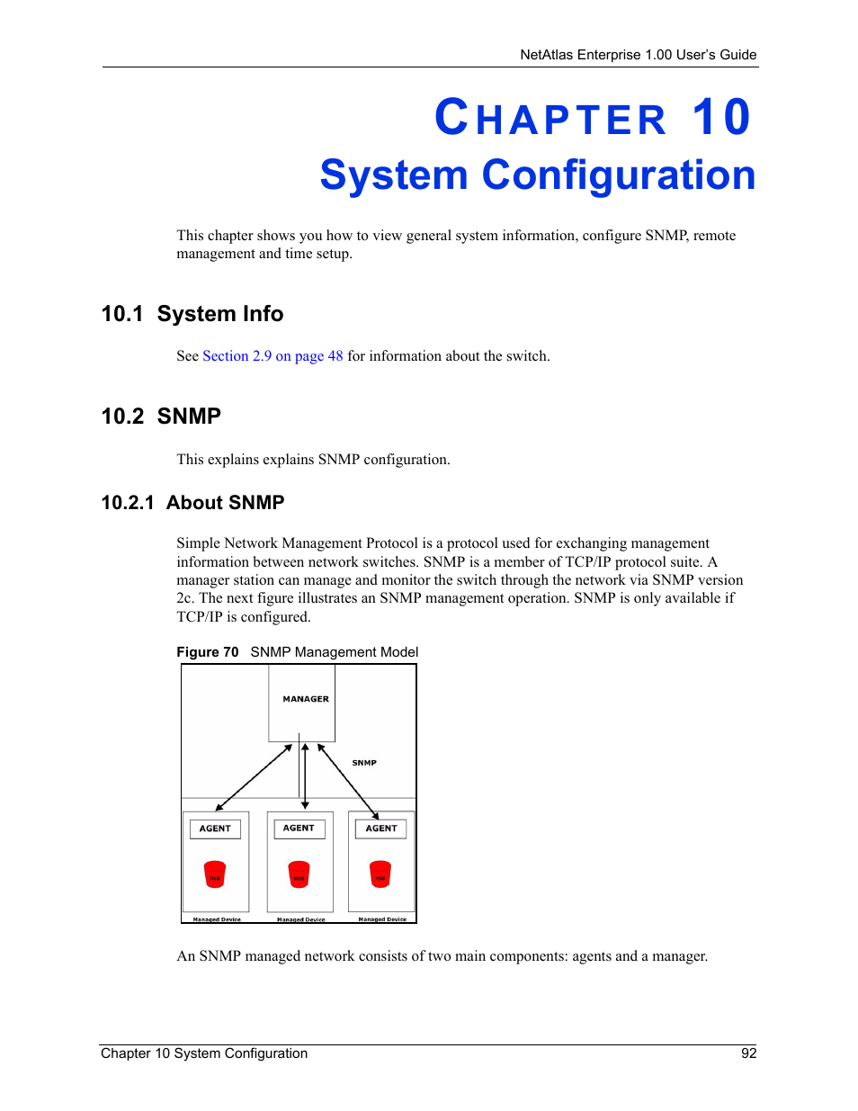 System configuration, 1 system info, 2 snmp | 1 about snmp, Chapter 10 system configuration, 1 system info 10.2 snmp, Figure 70 snmp management model | ZyXEL Communications 1 User Manual | Page 93 / 174