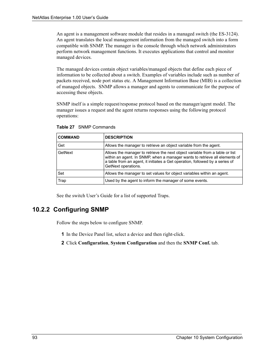 2 configuring snmp, Table 27 snmp commands | ZyXEL Communications 1 User Manual | Page 94 / 174