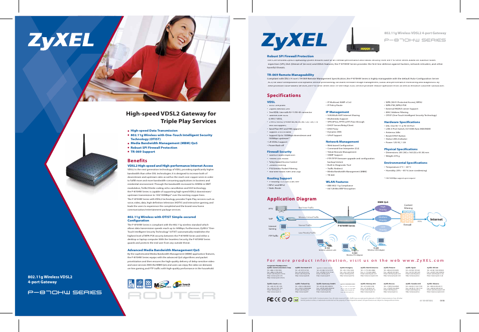 Router, High-speed vdsl2 gateway for triple play services, Benefits | Specifications application diagram | ZyXEL Communications P-870HW Series User Manual | Page 2 / 2