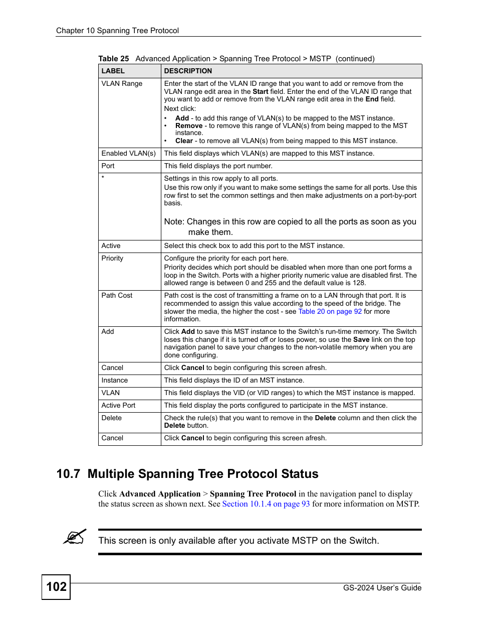 7 multiple spanning tree protocol status | ZyXEL Communications ZyXEL Dimension GS-2024 User Manual | Page 102 / 266