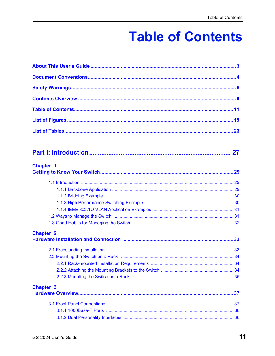 ZyXEL Communications ZyXEL Dimension GS-2024 User Manual | Page 11 / 266