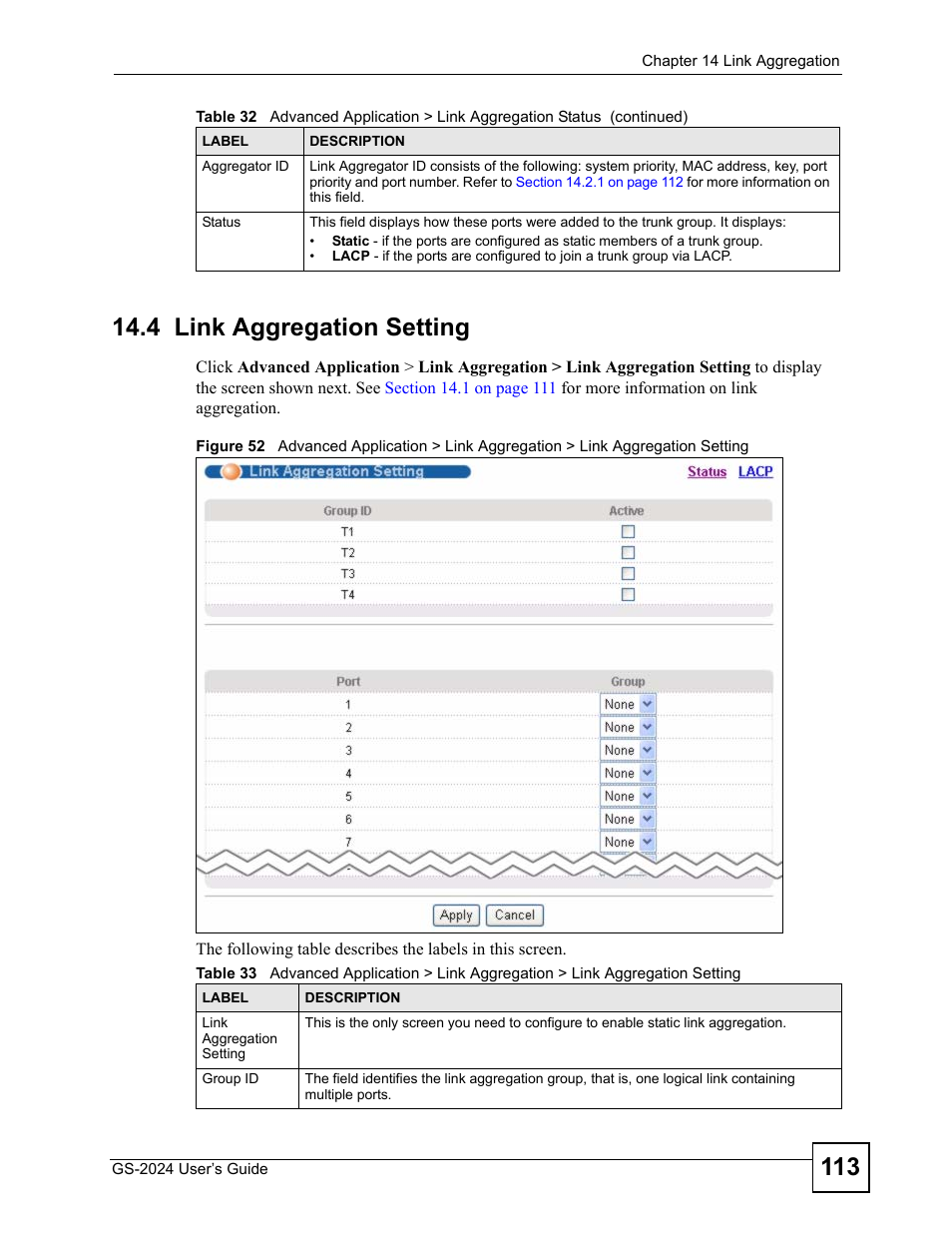 4 link aggregation setting | ZyXEL Communications ZyXEL Dimension GS-2024 User Manual | Page 113 / 266