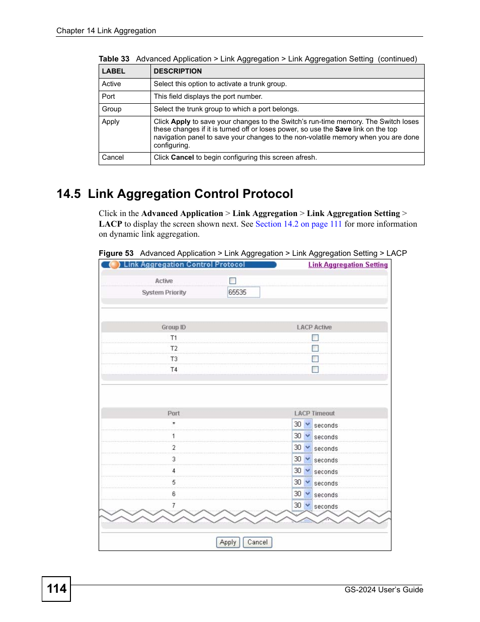 5 link aggregation control protocol | ZyXEL Communications ZyXEL Dimension GS-2024 User Manual | Page 114 / 266