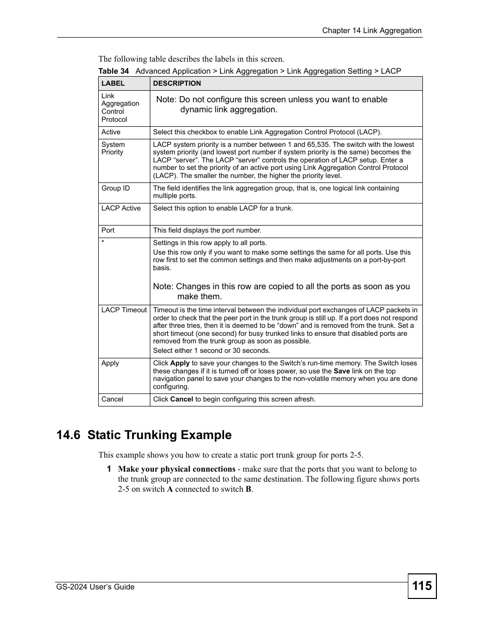 6 static trunking example | ZyXEL Communications ZyXEL Dimension GS-2024 User Manual | Page 115 / 266