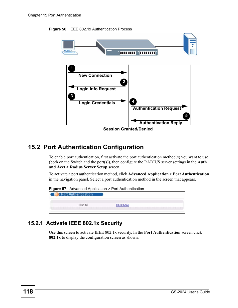 2 port authentication configuration, 1 activate ieee 802.1x security | ZyXEL Communications ZyXEL Dimension GS-2024 User Manual | Page 118 / 266