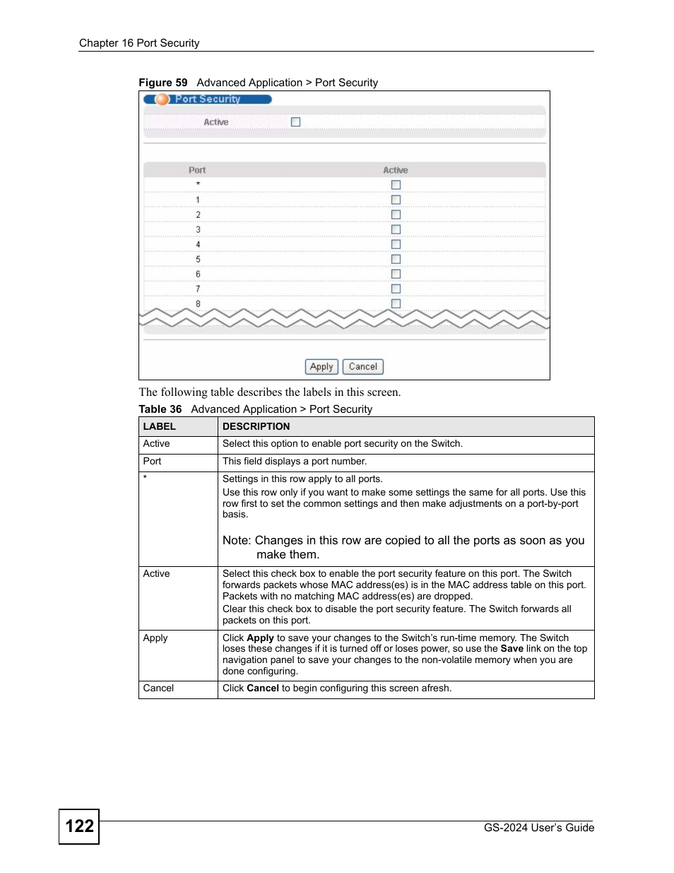 Figure 59 advanced application > port security, Table 36 advanced application > port security | ZyXEL Communications ZyXEL Dimension GS-2024 User Manual | Page 122 / 266