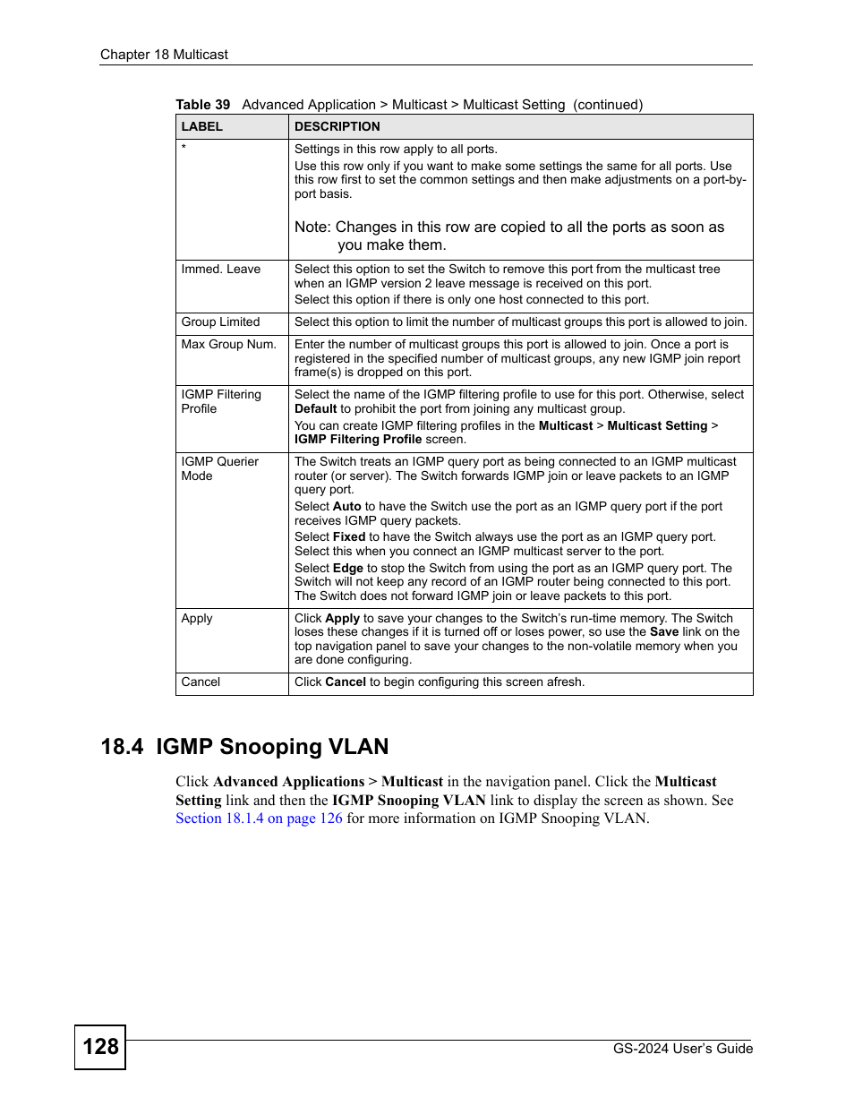 4 igmp snooping vlan | ZyXEL Communications ZyXEL Dimension GS-2024 User Manual | Page 128 / 266