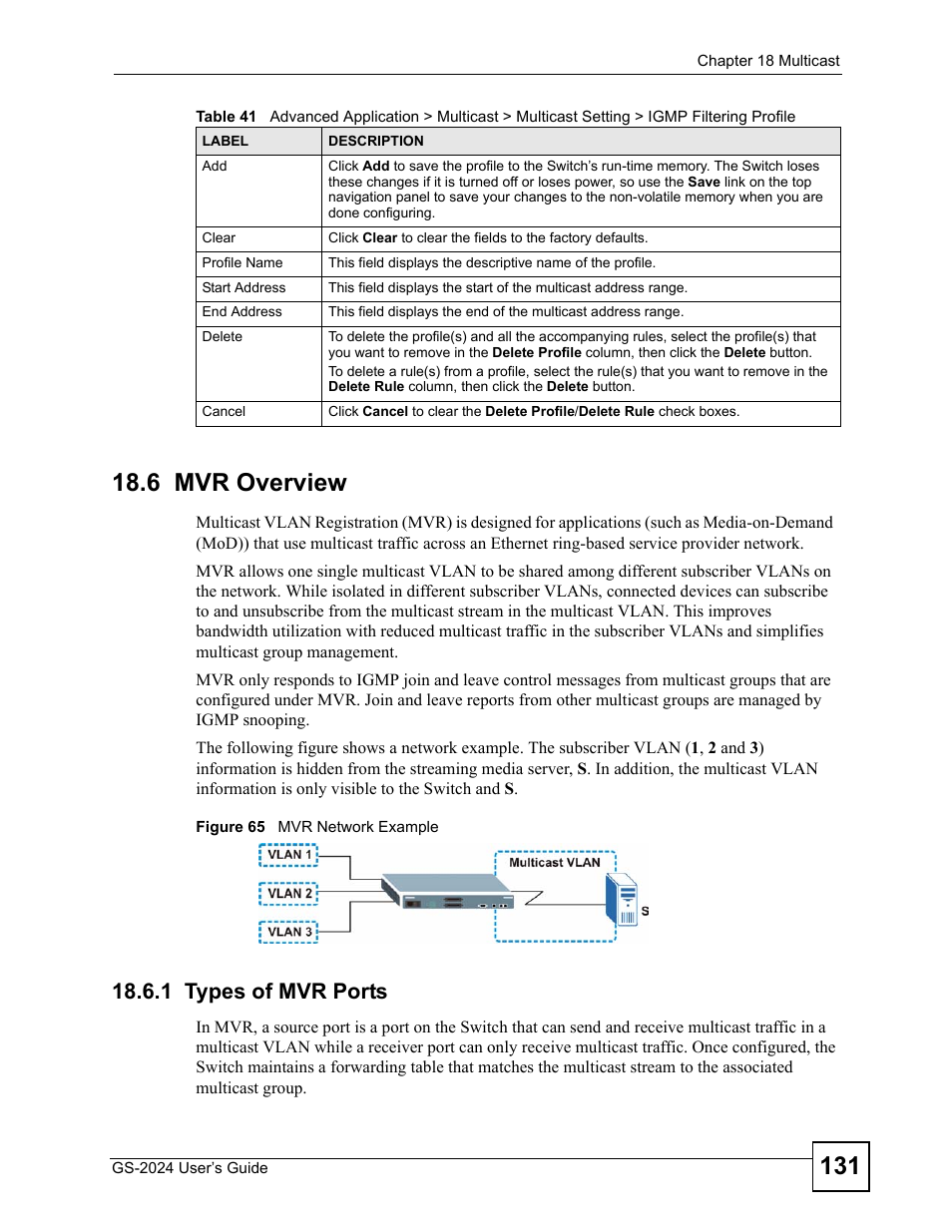 6 mvr overview, 1 types of mvr ports, Figure 65 mvr network example | ZyXEL Communications ZyXEL Dimension GS-2024 User Manual | Page 131 / 266