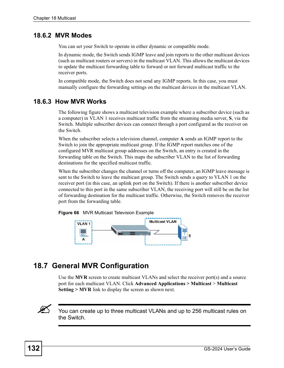 2 mvr modes, 3 how mvr works, 7 general mvr configuration | 2 mvr modes 18.6.3 how mvr works, Figure 66 mvr multicast television example | ZyXEL Communications ZyXEL Dimension GS-2024 User Manual | Page 132 / 266