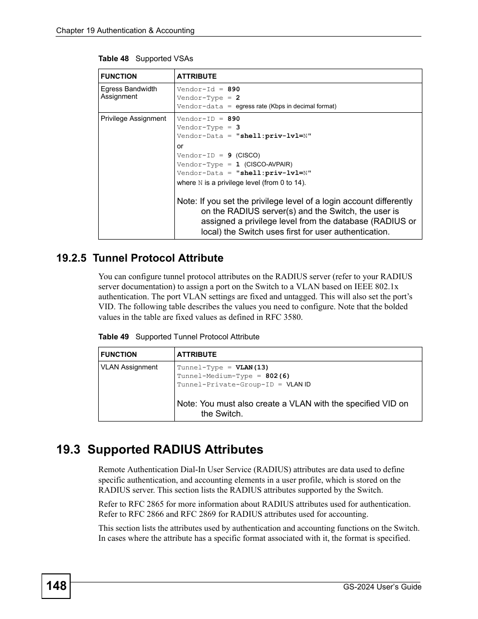 5 tunnel protocol attribute, 3 supported radius attributes, Table 49 supported tunnel protocol attribute | ZyXEL Communications ZyXEL Dimension GS-2024 User Manual | Page 148 / 266