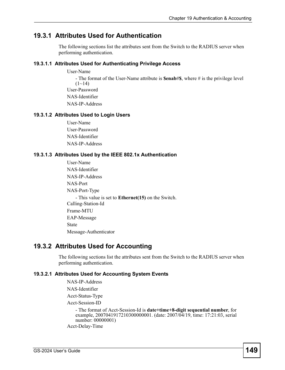 1 attributes used for authentication, 2 attributes used for accounting | ZyXEL Communications ZyXEL Dimension GS-2024 User Manual | Page 149 / 266