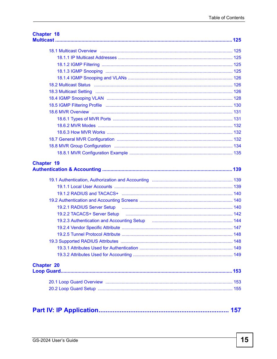 Part iv: ip application | ZyXEL Communications ZyXEL Dimension GS-2024 User Manual | Page 15 / 266