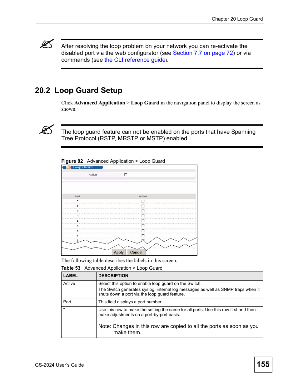 2 loop guard setup, Figure 82 advanced application > loop guard, Table 53 advanced application > loop guard | ZyXEL Communications ZyXEL Dimension GS-2024 User Manual | Page 155 / 266