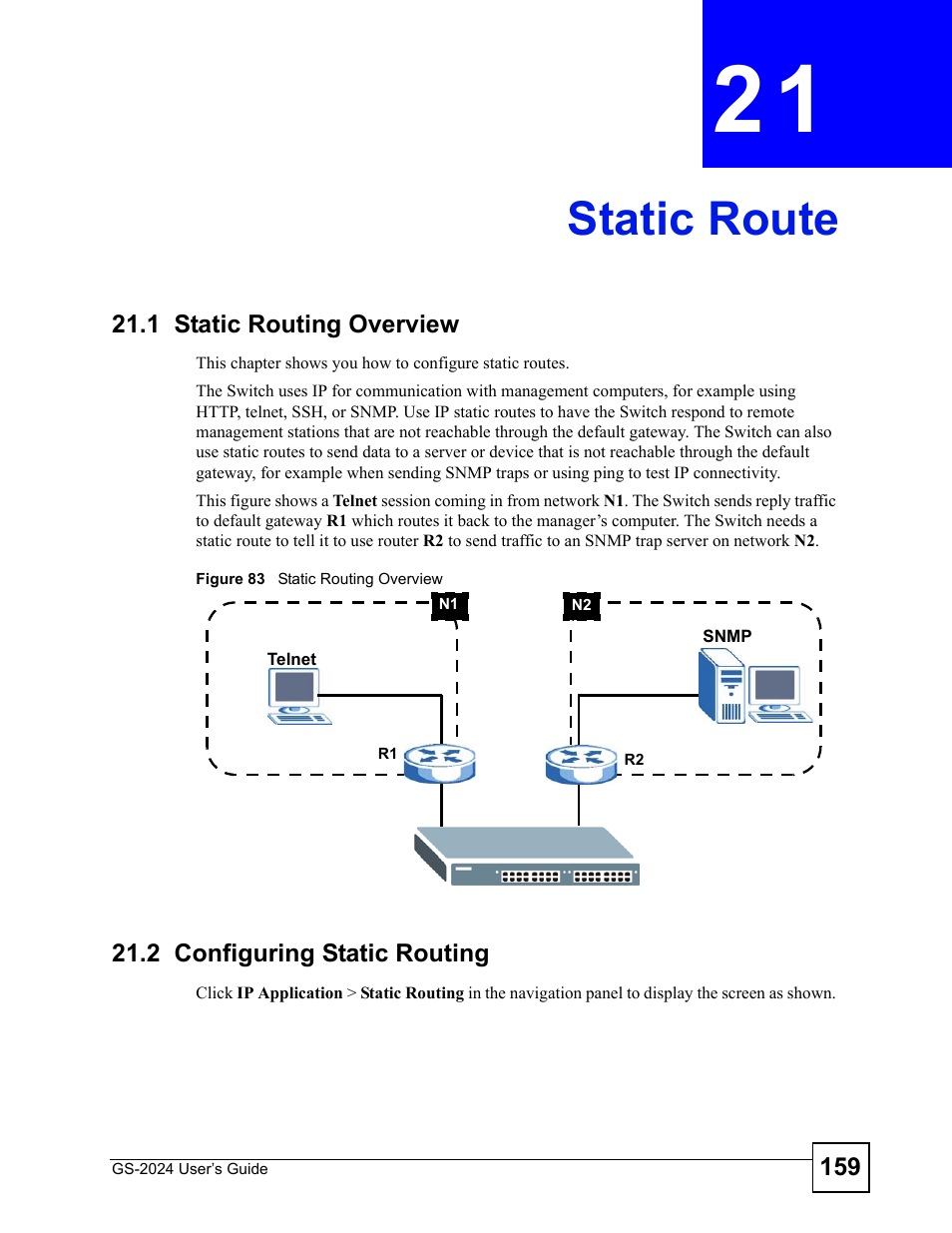 Static route, 1 static routing overview, 2 configuring static routing | Chapter 21 static route, Figure 83 static routing overview | ZyXEL Communications ZyXEL Dimension GS-2024 User Manual | Page 159 / 266