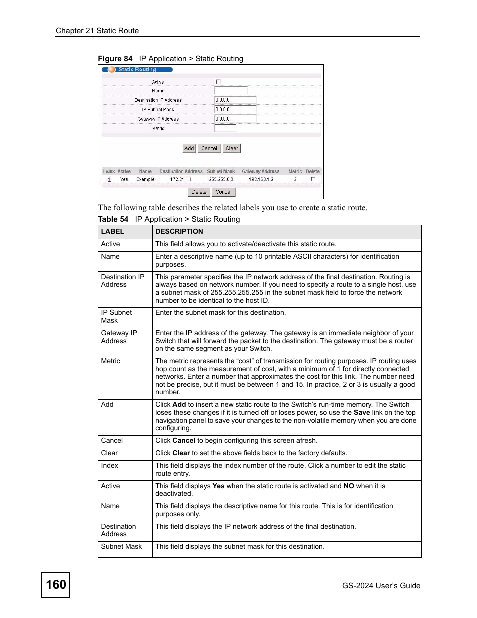 Figure 84 ip application > static routing, Table 54 ip application > static routing | ZyXEL Communications ZyXEL Dimension GS-2024 User Manual | Page 160 / 266