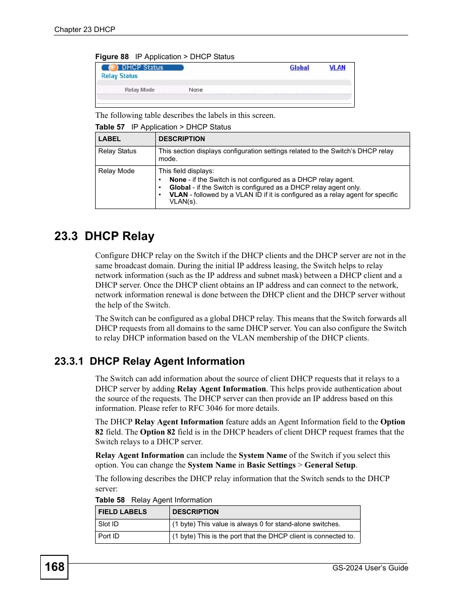 3 dhcp relay, 1 dhcp relay agent information, Figure 88 ip application > dhcp status | ZyXEL Communications ZyXEL Dimension GS-2024 User Manual | Page 168 / 266