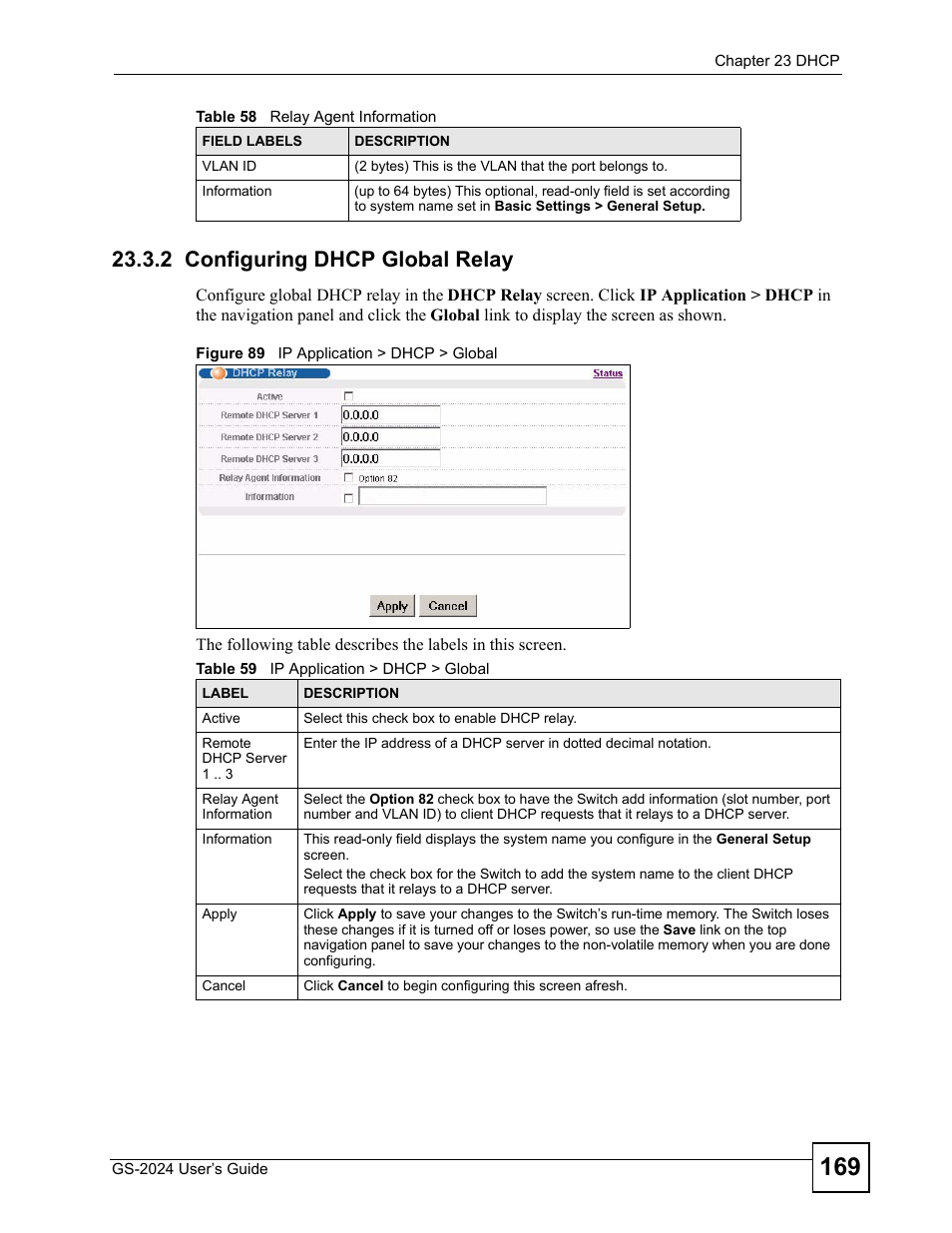 2 configuring dhcp global relay, Figure 89 ip application > dhcp > global, Table 59 ip application > dhcp > global | ZyXEL Communications ZyXEL Dimension GS-2024 User Manual | Page 169 / 266