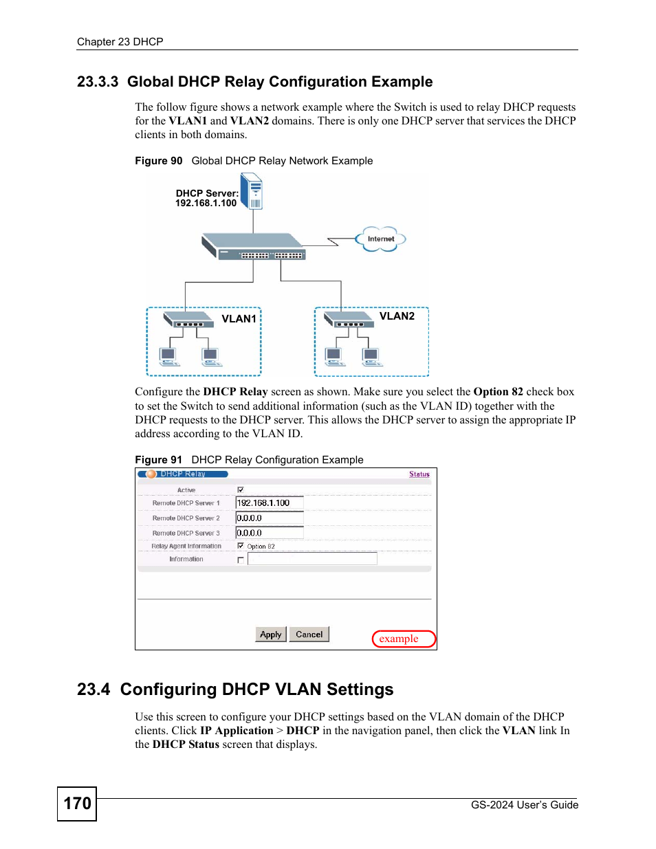 3 global dhcp relay configuration example, 4 configuring dhcp vlan settings | ZyXEL Communications ZyXEL Dimension GS-2024 User Manual | Page 170 / 266