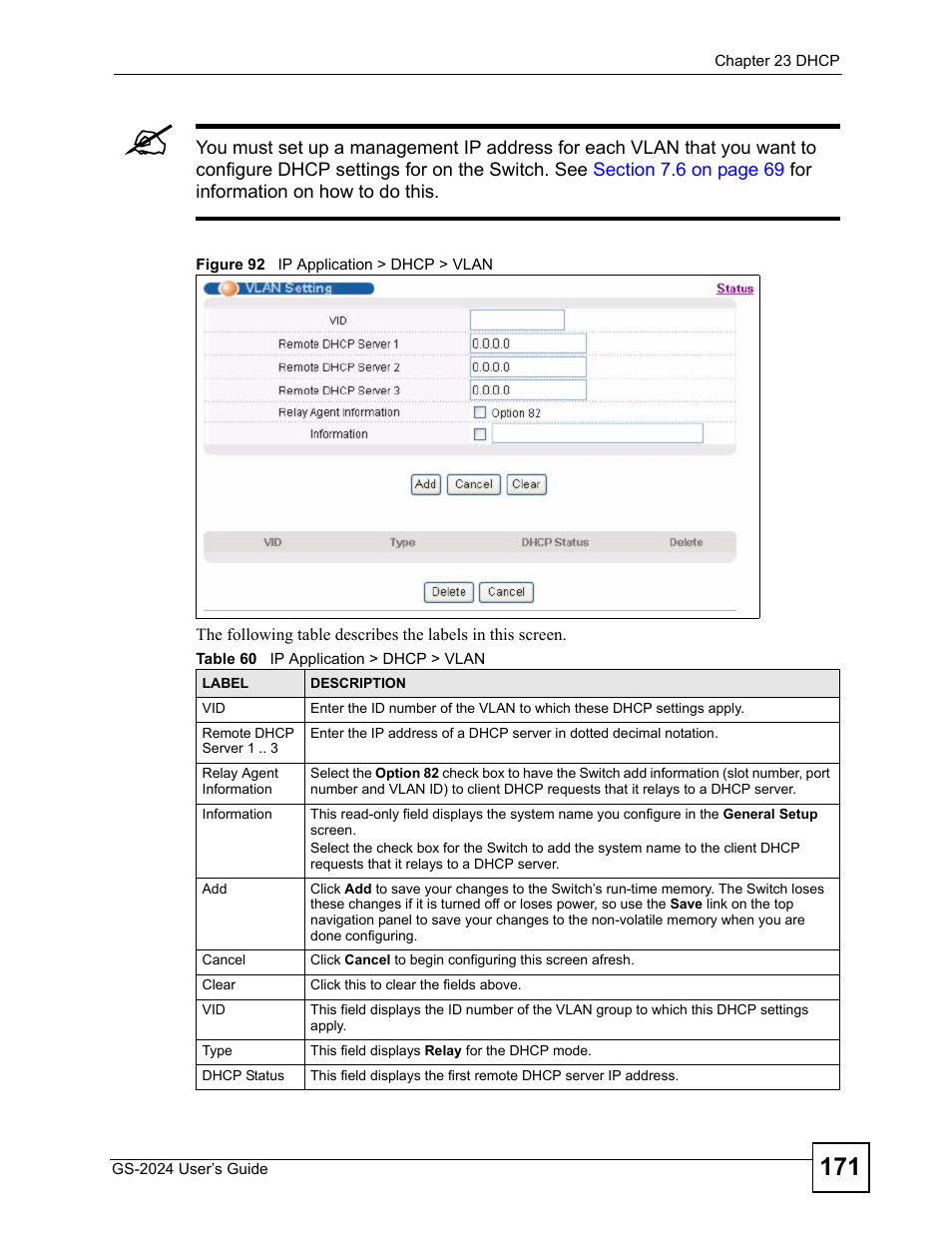 Figure 92 ip application > dhcp > vlan, Table 60 ip application > dhcp > vlan | ZyXEL Communications ZyXEL Dimension GS-2024 User Manual | Page 171 / 266