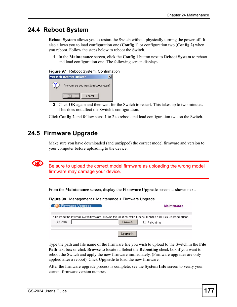 4 reboot system, 5 firmware upgrade, 4 reboot system 24.5 firmware upgrade | ZyXEL Communications ZyXEL Dimension GS-2024 User Manual | Page 177 / 266