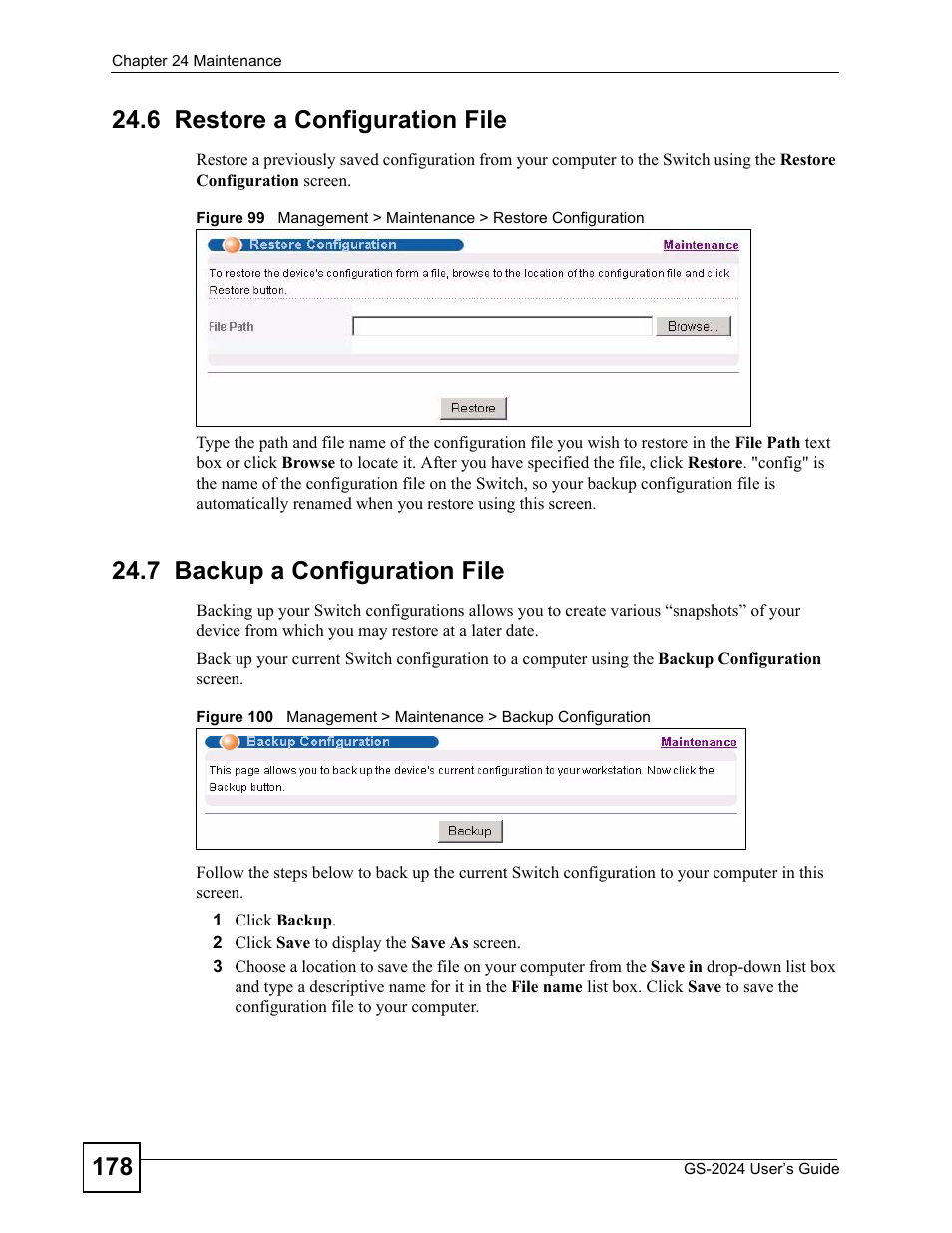 6 restore a configuration file, 7 backup a configuration file | ZyXEL Communications ZyXEL Dimension GS-2024 User Manual | Page 178 / 266