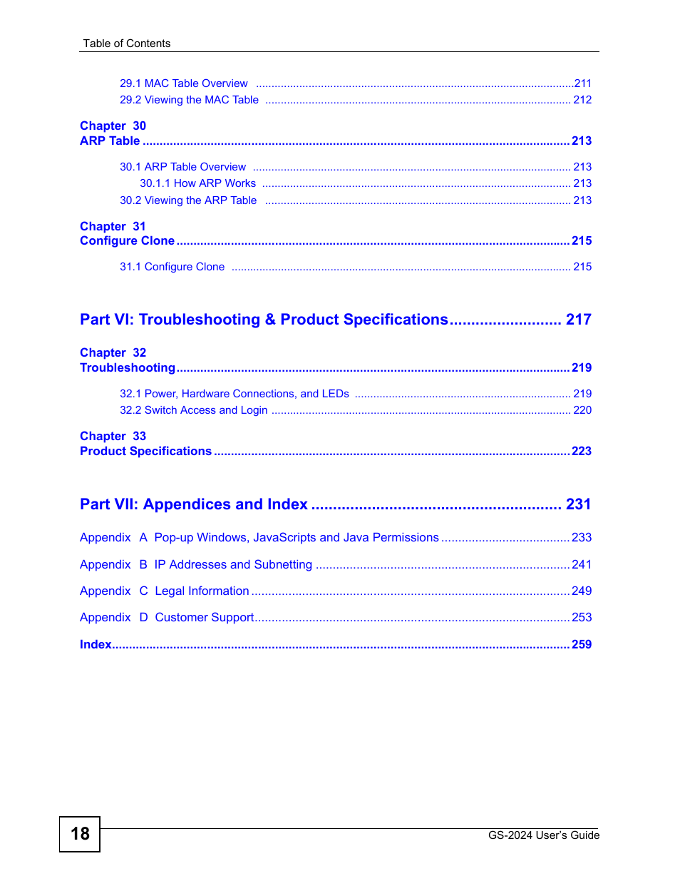 Part vi: troubleshooting & product specifications, Part vii: appendices and index | ZyXEL Communications ZyXEL Dimension GS-2024 User Manual | Page 18 / 266