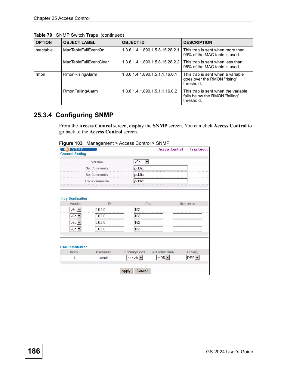 4 configuring snmp, Figure 103 management > access control > snmp | ZyXEL Communications ZyXEL Dimension GS-2024 User Manual | Page 186 / 266