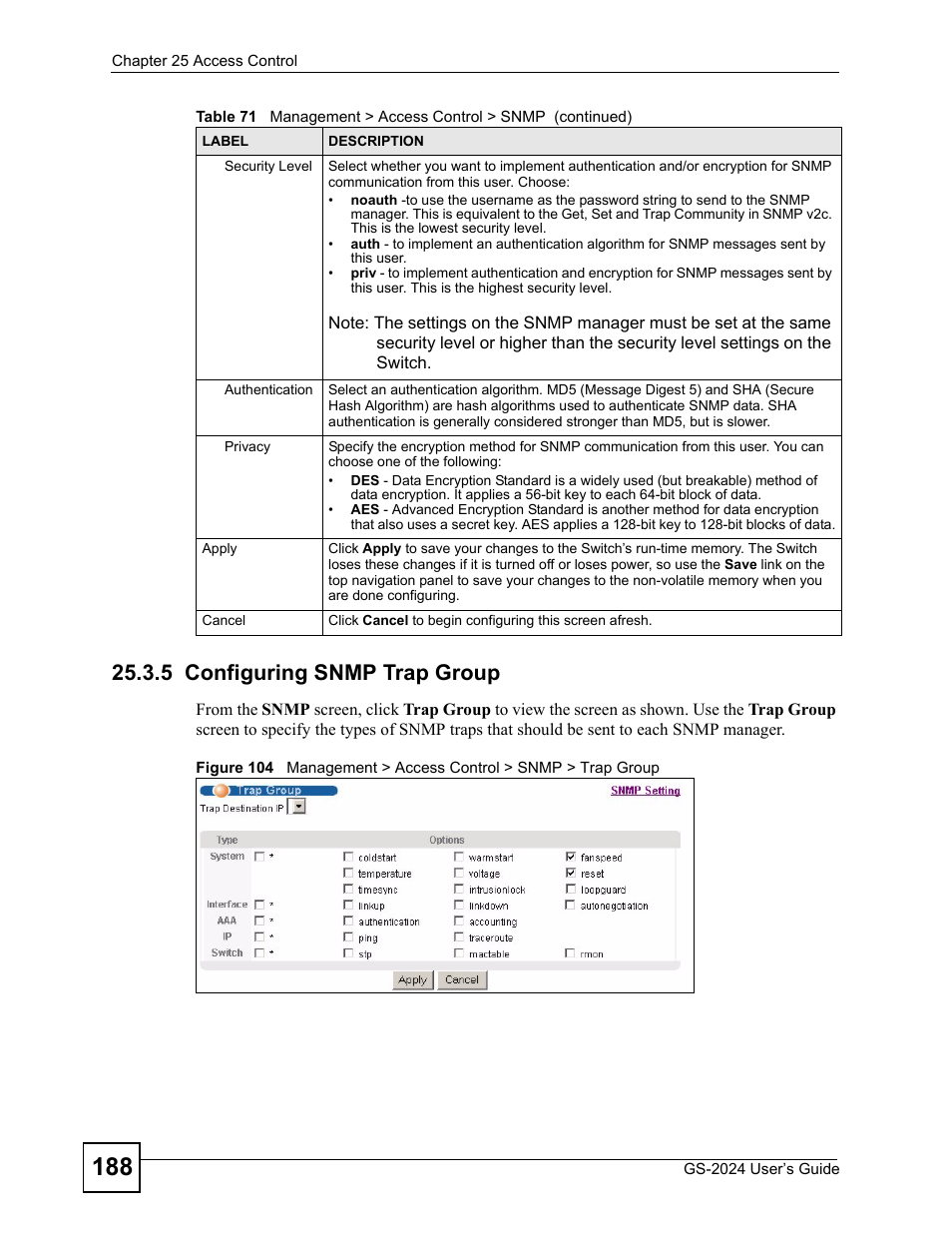 5 configuring snmp trap group | ZyXEL Communications ZyXEL Dimension GS-2024 User Manual | Page 188 / 266