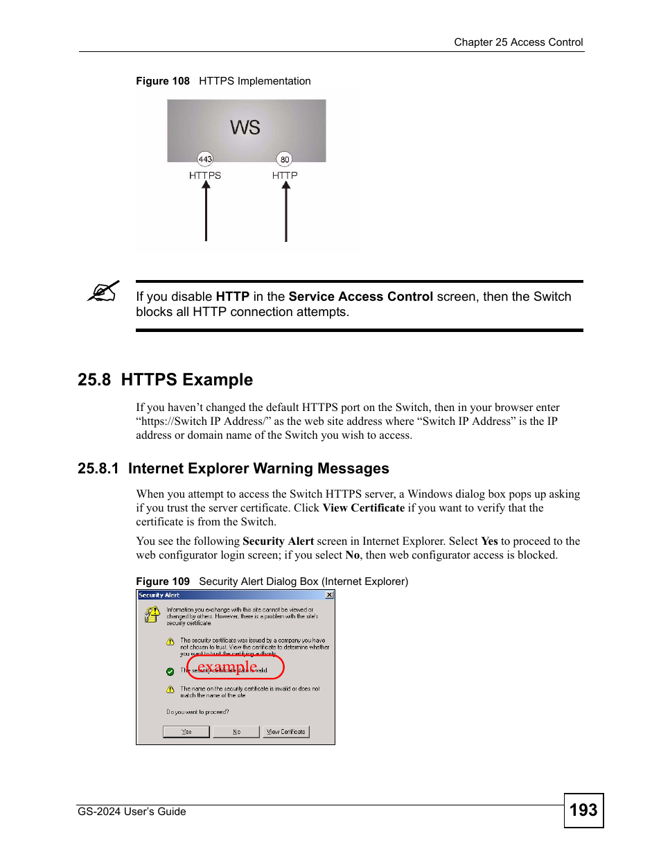 8 https example, 1 internet explorer warning messages | ZyXEL Communications ZyXEL Dimension GS-2024 User Manual | Page 193 / 266