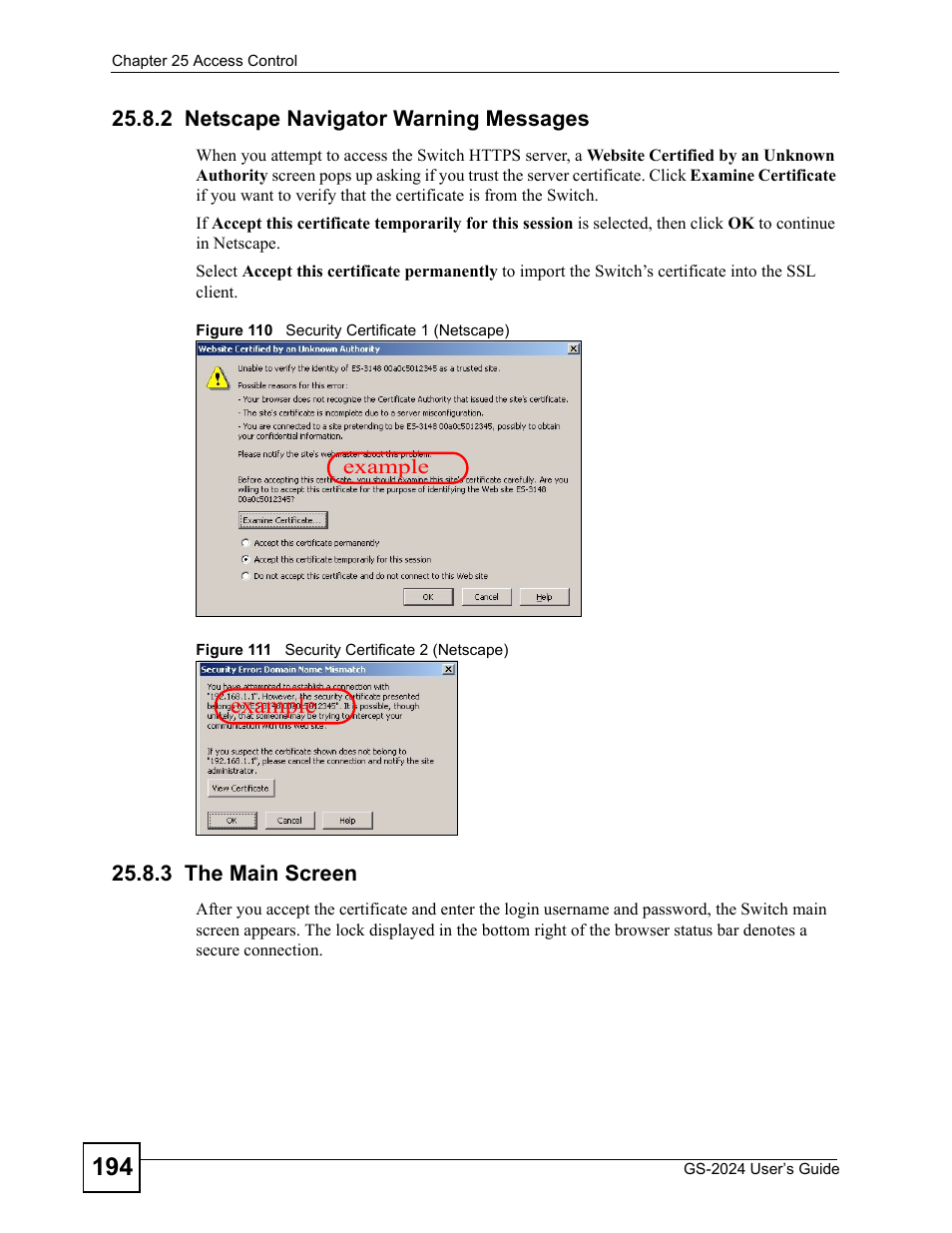 2 netscape navigator warning messages, 3 the main screen, Example | ZyXEL Communications ZyXEL Dimension GS-2024 User Manual | Page 194 / 266