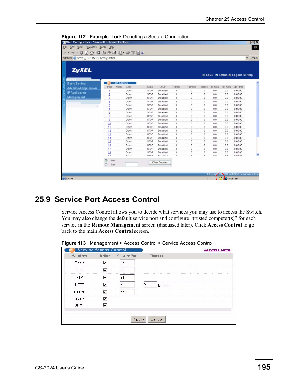 9 service port access control | ZyXEL Communications ZyXEL Dimension GS-2024 User Manual | Page 195 / 266