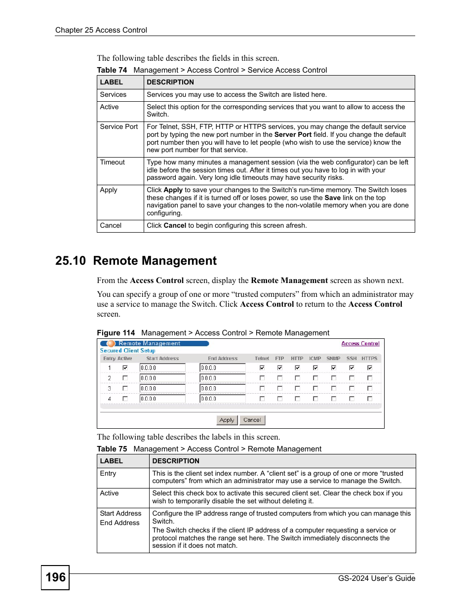 10 remote management | ZyXEL Communications ZyXEL Dimension GS-2024 User Manual | Page 196 / 266