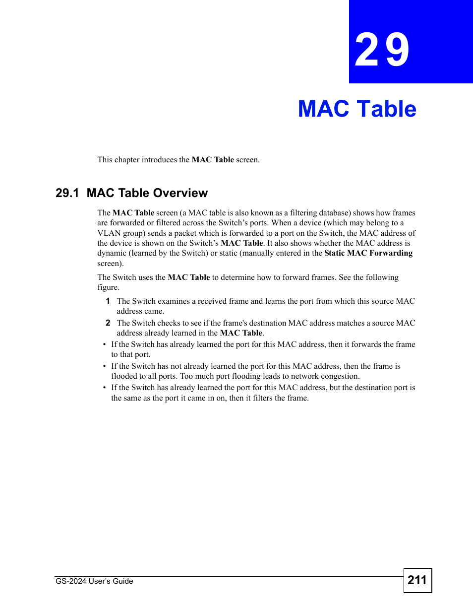 Mac table, 1 mac table overview, Chapter 29 mac table | Mac table (211) | ZyXEL Communications ZyXEL Dimension GS-2024 User Manual | Page 211 / 266