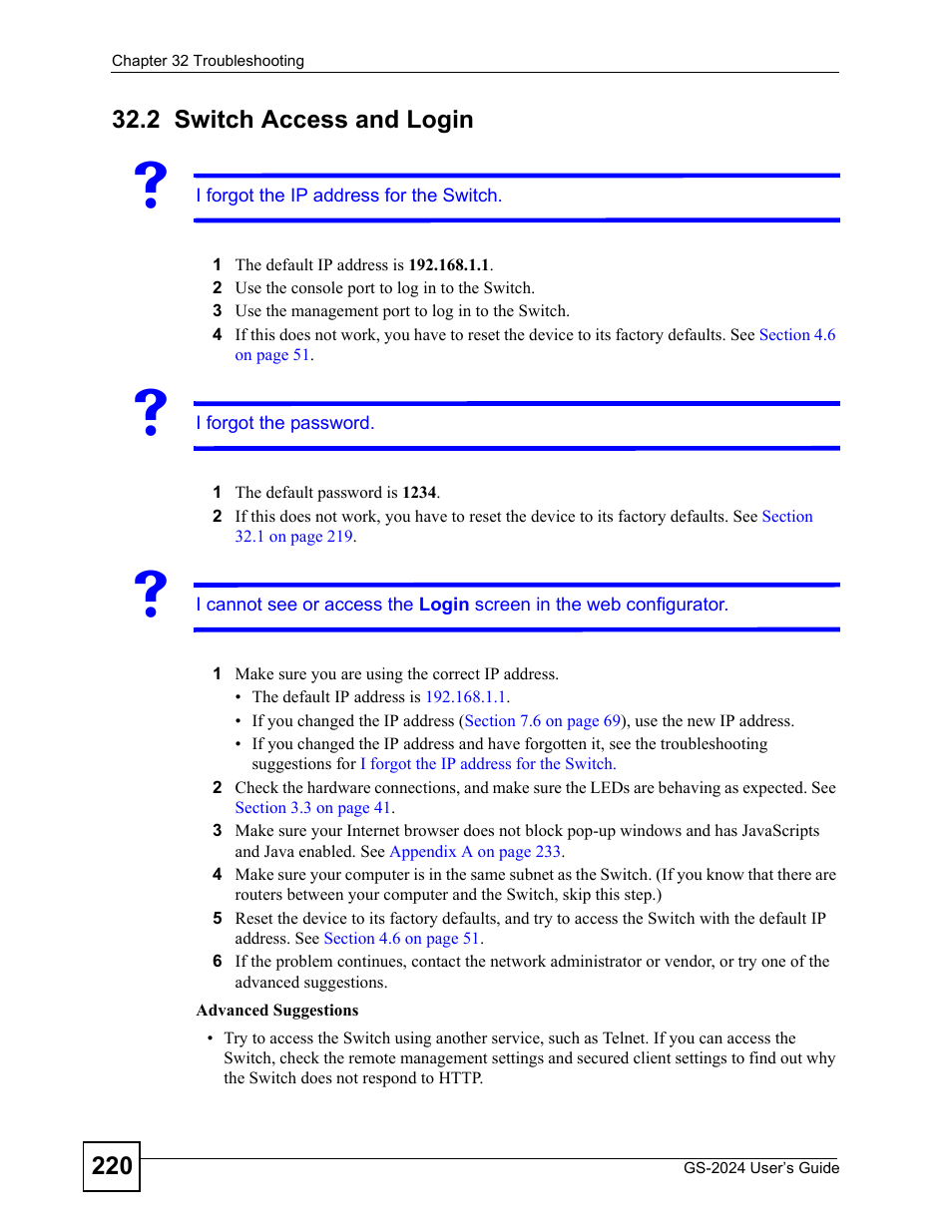 2 switch access and login, Switch access and login | ZyXEL Communications ZyXEL Dimension GS-2024 User Manual | Page 220 / 266