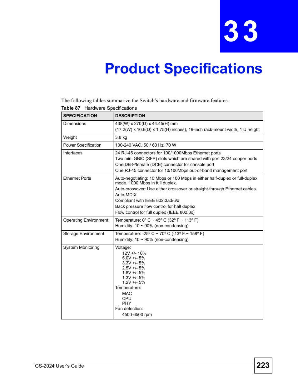 Product specifications, Chapter 33 product specifications, Table 87 hardware specifications | ZyXEL Communications ZyXEL Dimension GS-2024 User Manual | Page 223 / 266