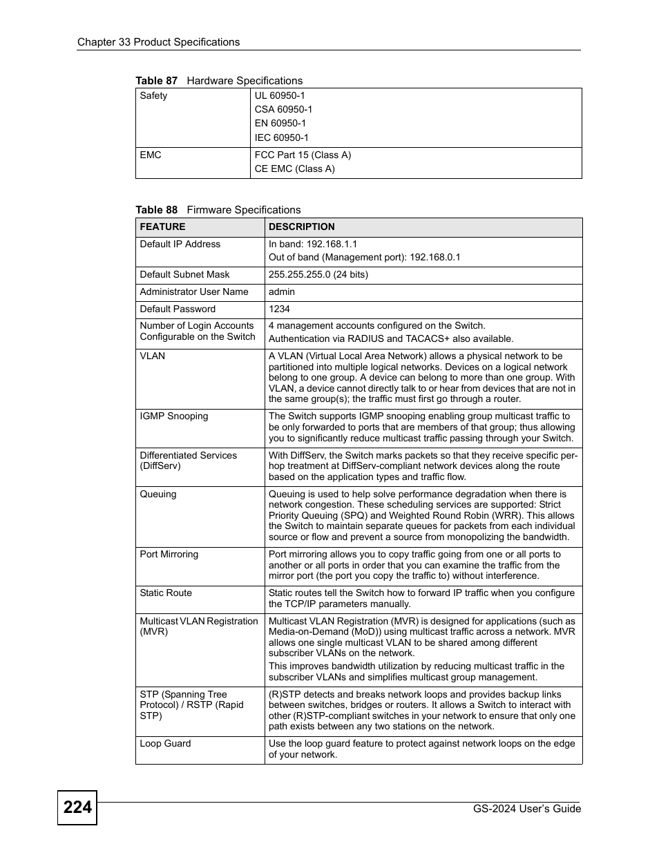 Table 88 firmware specifications | ZyXEL Communications ZyXEL Dimension GS-2024 User Manual | Page 224 / 266