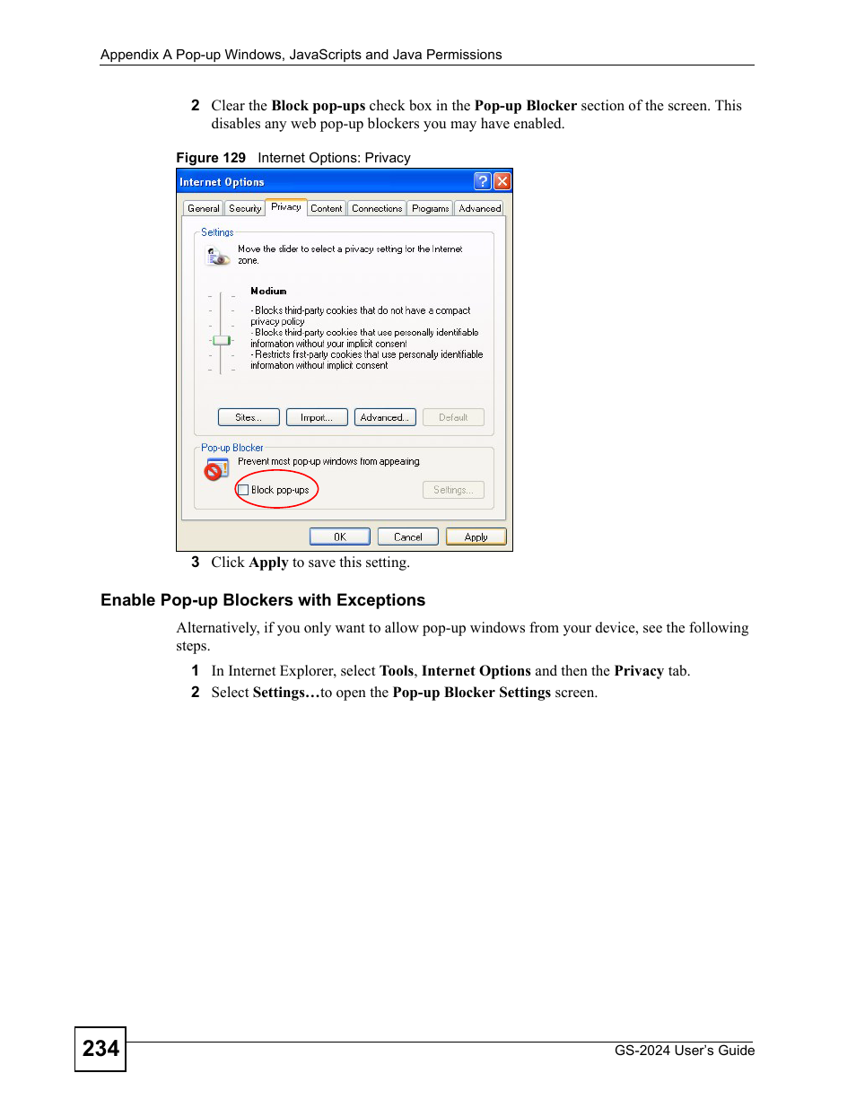 Figure 129 internet options: privacy | ZyXEL Communications ZyXEL Dimension GS-2024 User Manual | Page 234 / 266