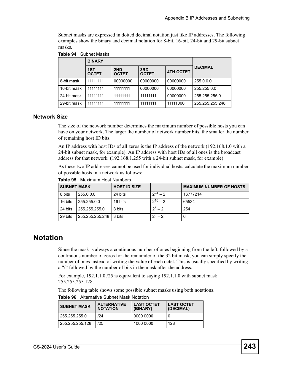 Notation, Network size | ZyXEL Communications ZyXEL Dimension GS-2024 User Manual | Page 243 / 266