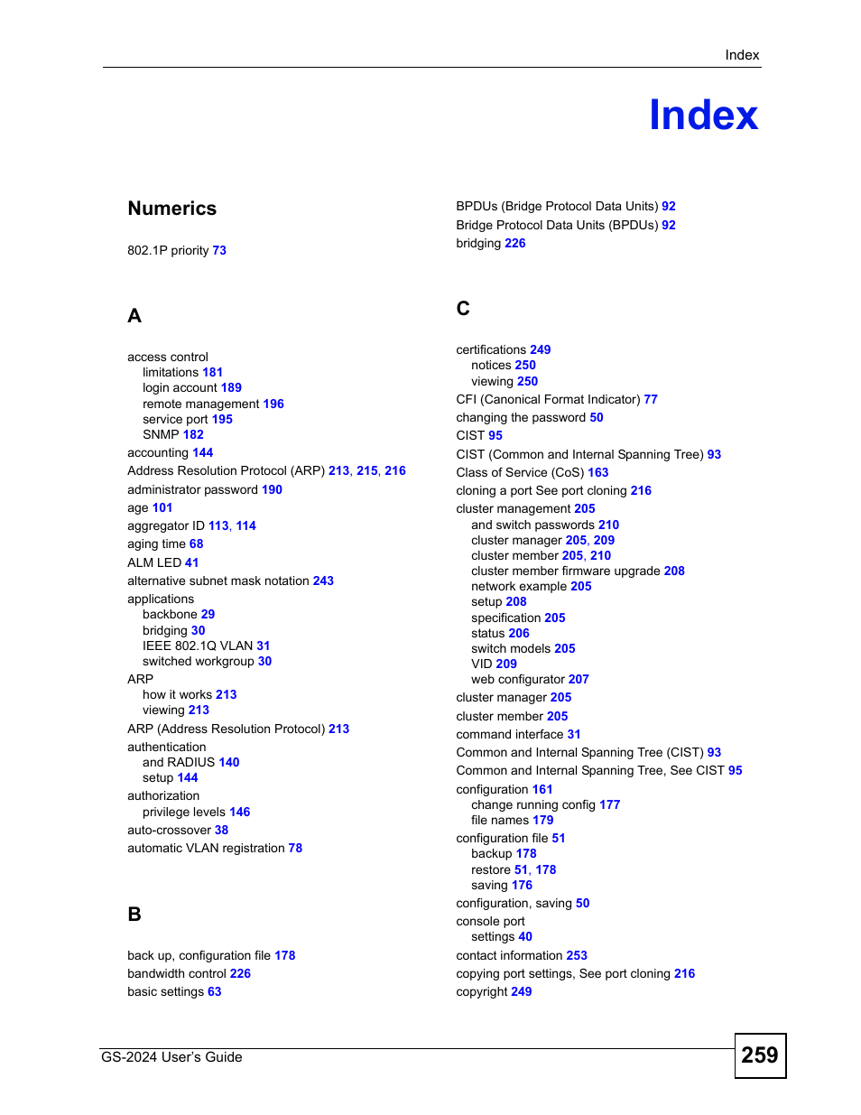 Index, Index (259), Numerics | ZyXEL Communications ZyXEL Dimension GS-2024 User Manual | Page 259 / 266