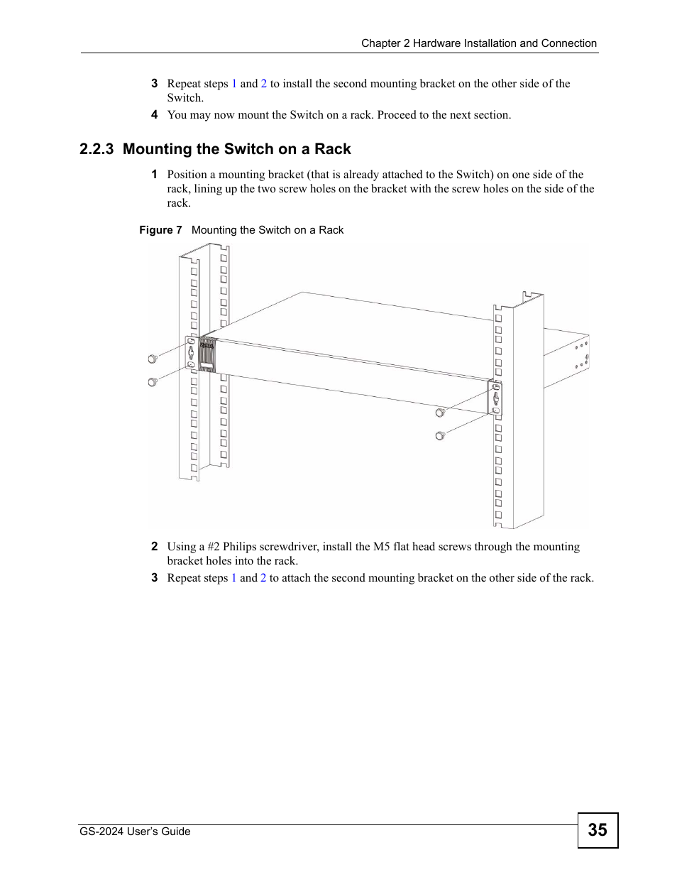 3 mounting the switch on a rack, Figure 7 mounting the switch on a rack | ZyXEL Communications ZyXEL Dimension GS-2024 User Manual | Page 35 / 266