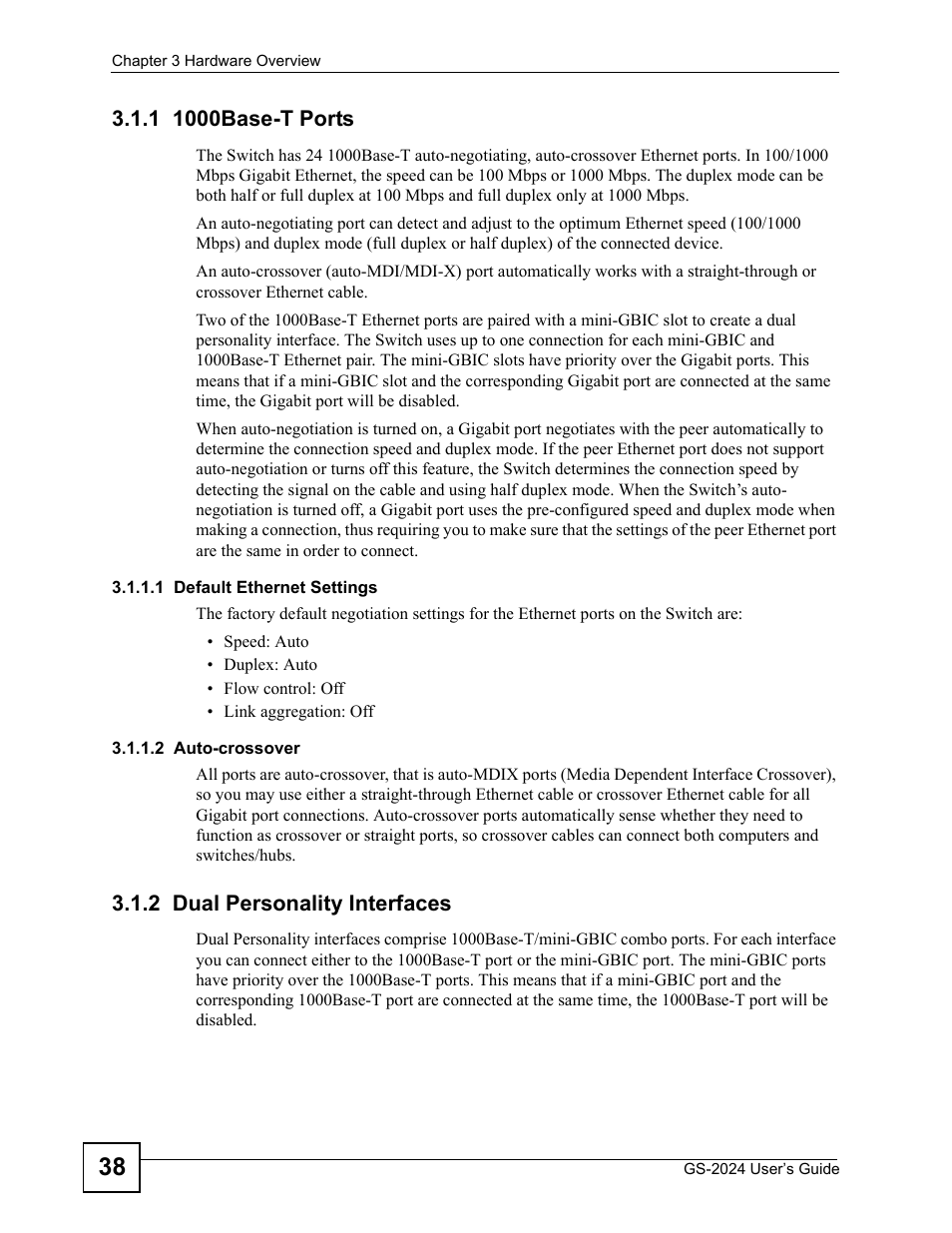 1 1000base-t ports, 2 dual personality interfaces | ZyXEL Communications ZyXEL Dimension GS-2024 User Manual | Page 38 / 266