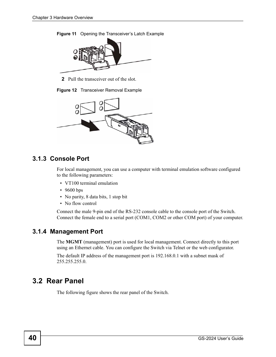 3 console port, 4 management port, 2 rear panel | 3 console port 3.1.4 management port | ZyXEL Communications ZyXEL Dimension GS-2024 User Manual | Page 40 / 266