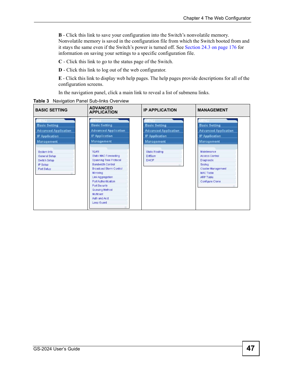 Table 3 navigation panel sub-links overview | ZyXEL Communications ZyXEL Dimension GS-2024 User Manual | Page 47 / 266