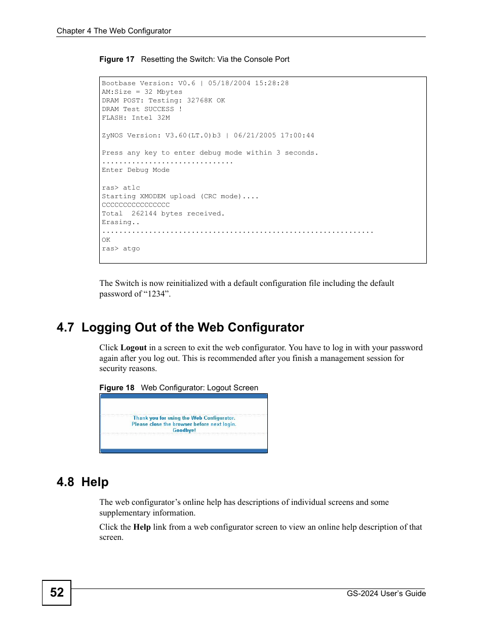 7 logging out of the web configurator, 8 help, 7 logging out of the web configurator 4.8 help | ZyXEL Communications ZyXEL Dimension GS-2024 User Manual | Page 52 / 266