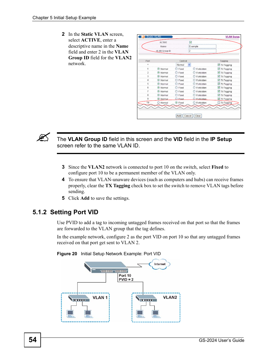 2 setting port vid, Figure 20 initial setup network example: port vid | ZyXEL Communications ZyXEL Dimension GS-2024 User Manual | Page 54 / 266