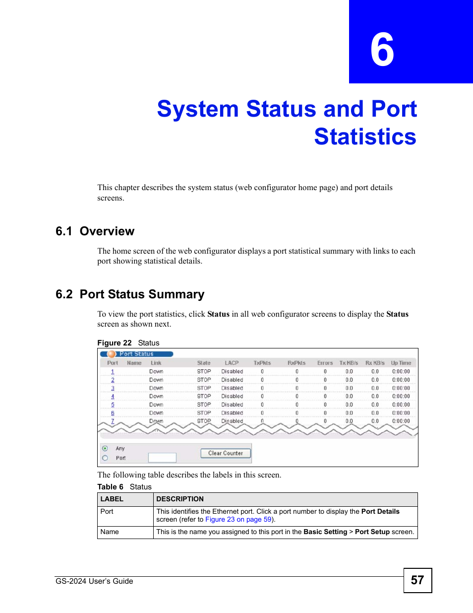 System status and port statistics, 1 overview, 2 port status summary | Chapter 6 system status and port statistics, 1 overview 6.2 port status summary, Figure 22 status, Table 6 status, System status and port statistics (57) | ZyXEL Communications ZyXEL Dimension GS-2024 User Manual | Page 57 / 266