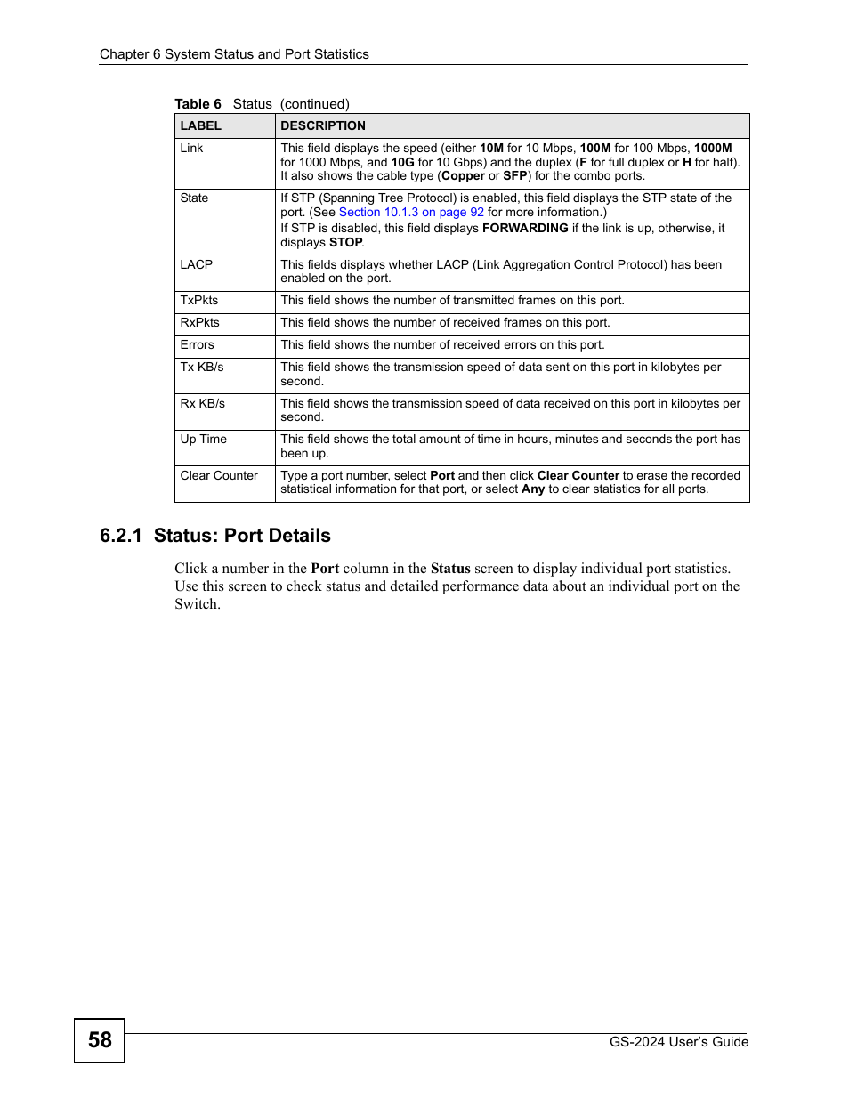 1 status: port details | ZyXEL Communications ZyXEL Dimension GS-2024 User Manual | Page 58 / 266