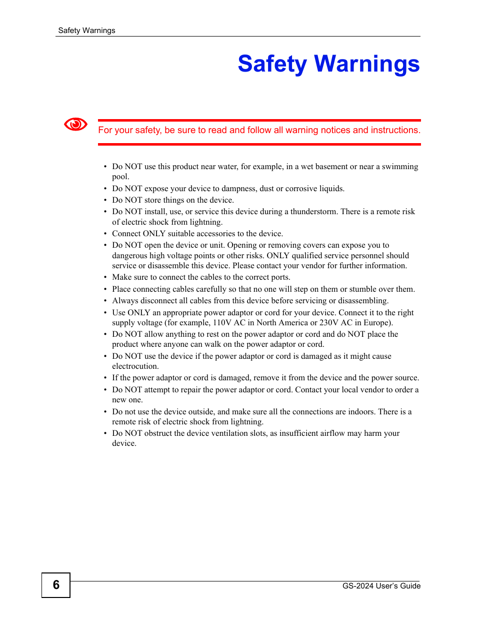 Safety warnings | ZyXEL Communications ZyXEL Dimension GS-2024 User Manual | Page 6 / 266